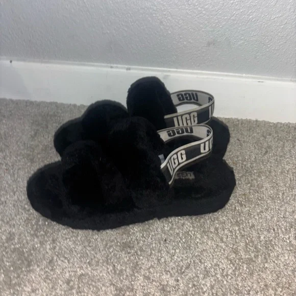 UGG Black Fluffy Slides with Logo Strap - Picture 1 of 2